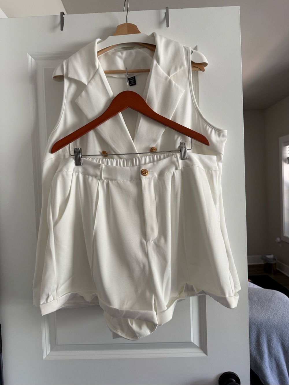 Sleeveless Double-Breasted White Blazer Vest and Short Set